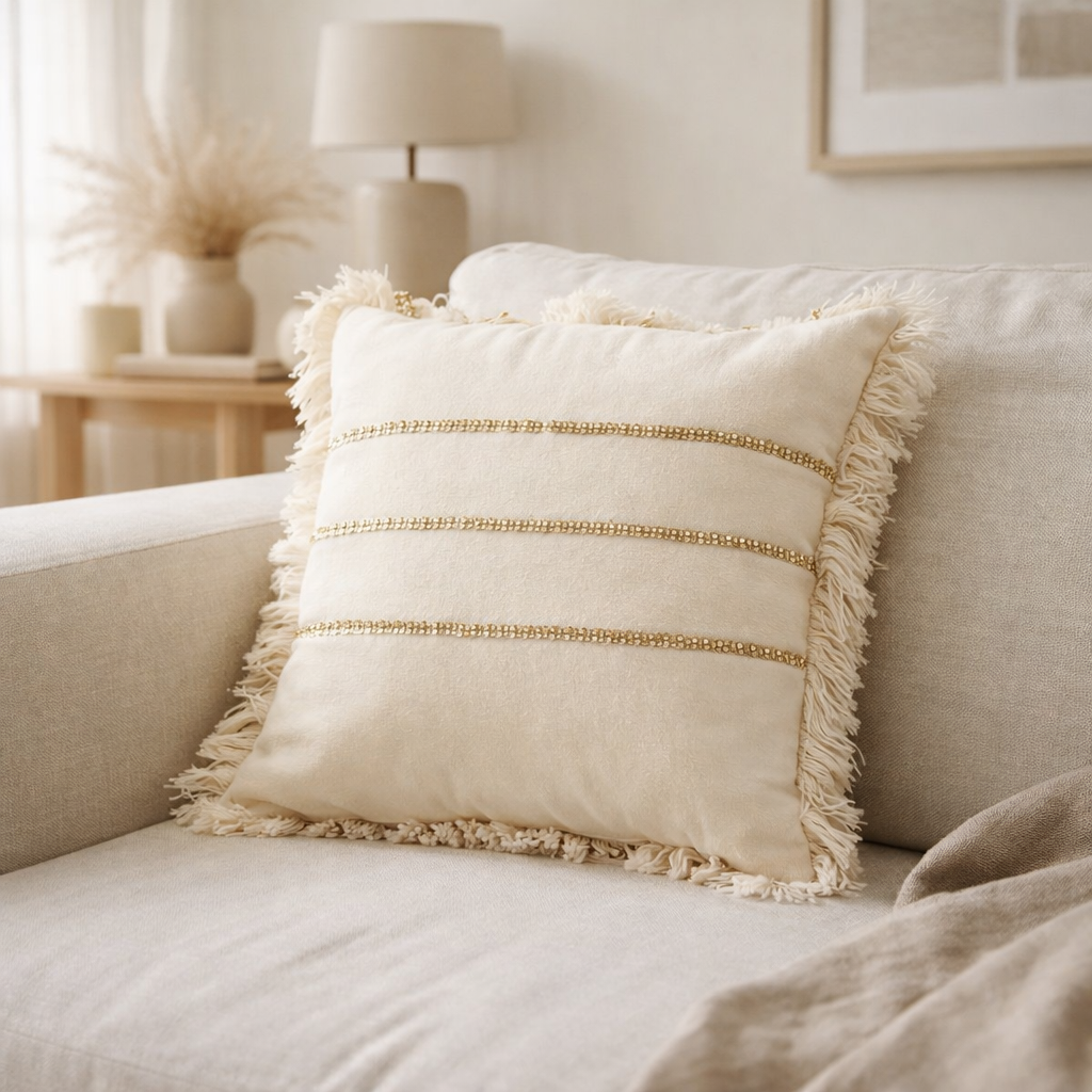 J-Ligne Coussin Lignes Pailettes - Laine / Coton - Crème / Gol en situation