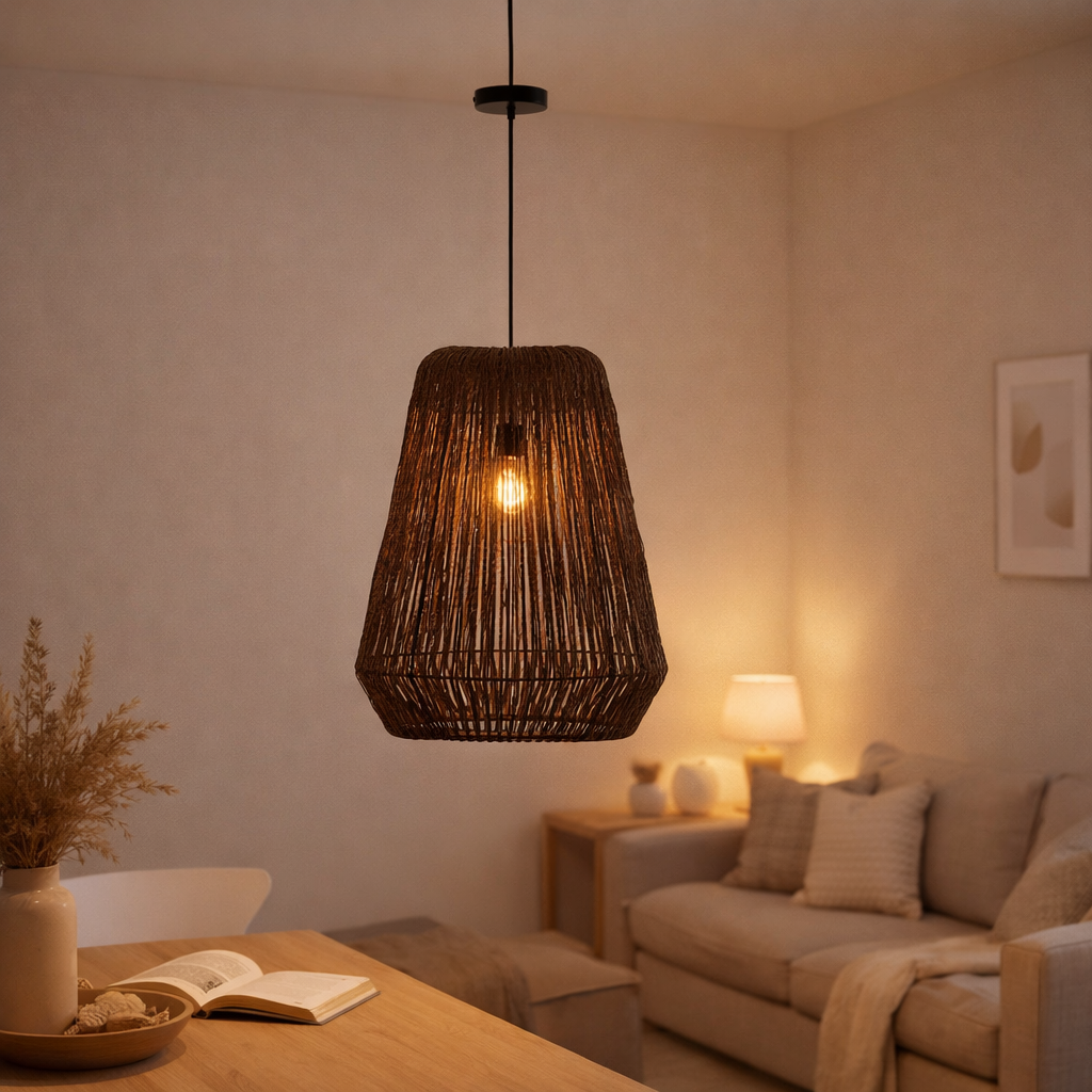 J-Line Lampe Suspendue Tresse Métal/Palm Noir Large en situation