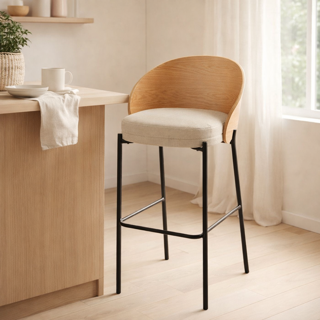 J-Line Tabouret de bar Lone Contreplaqué/Métal Naturel/Beige en situation
