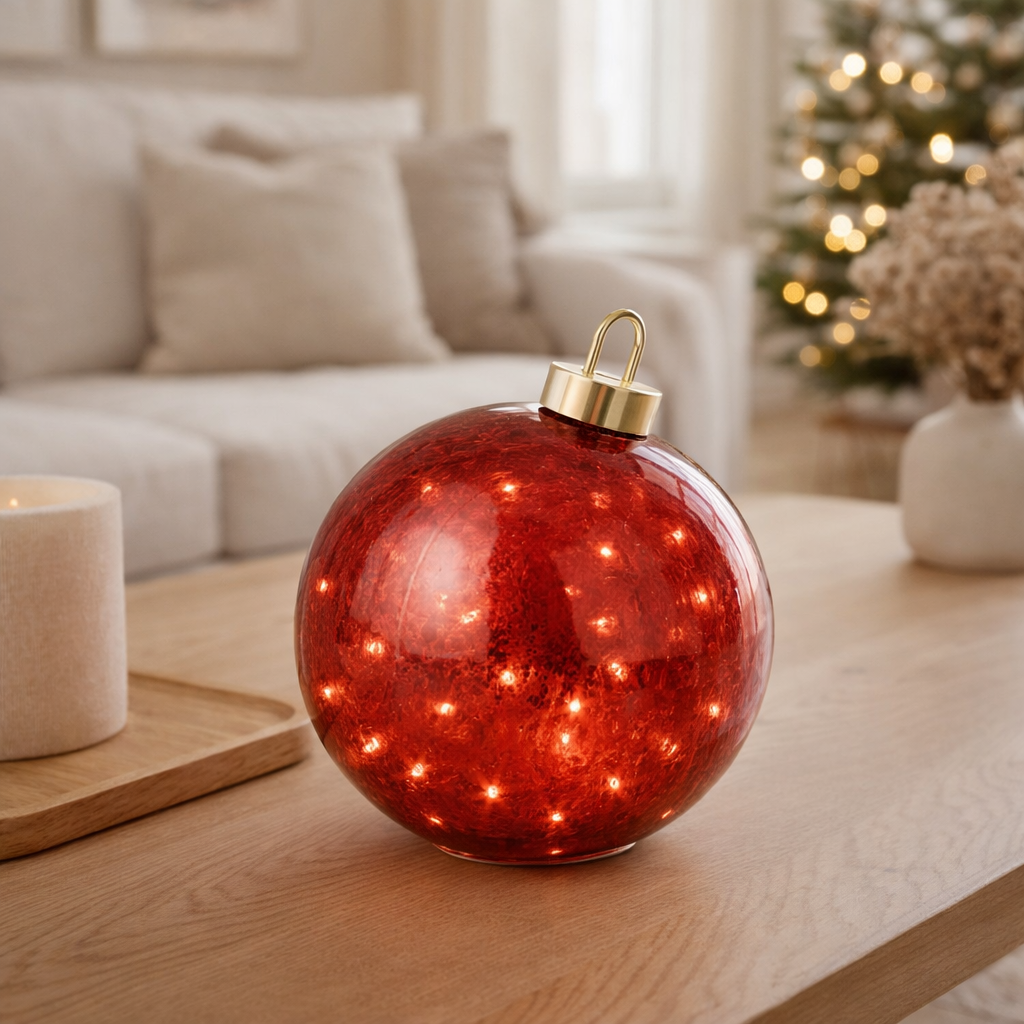 Boule de Noël J-Line - verre - Noël rouge - L - lumières LED en situation