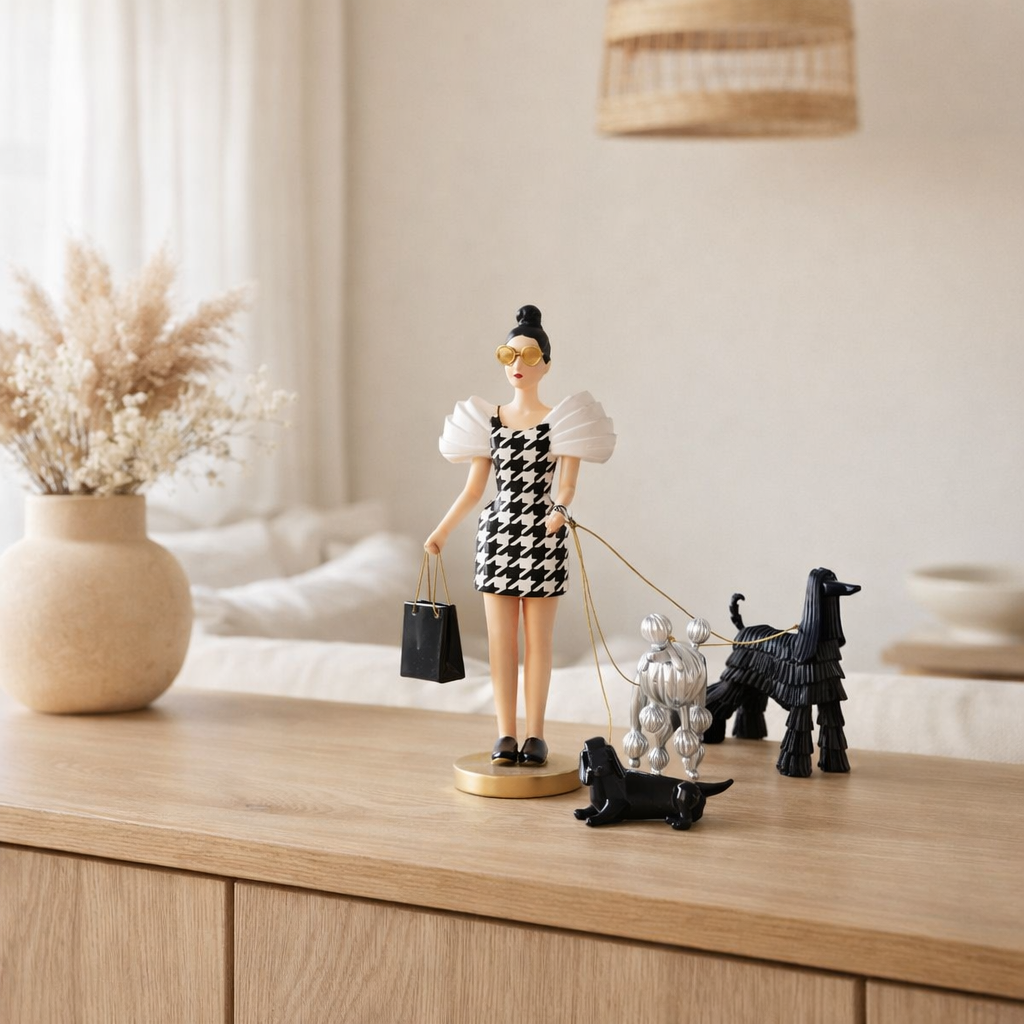 J-Line décoration Lady + Dogs Pied-De-Poule - polyrésine - mélange - 2 pcs. en situation
