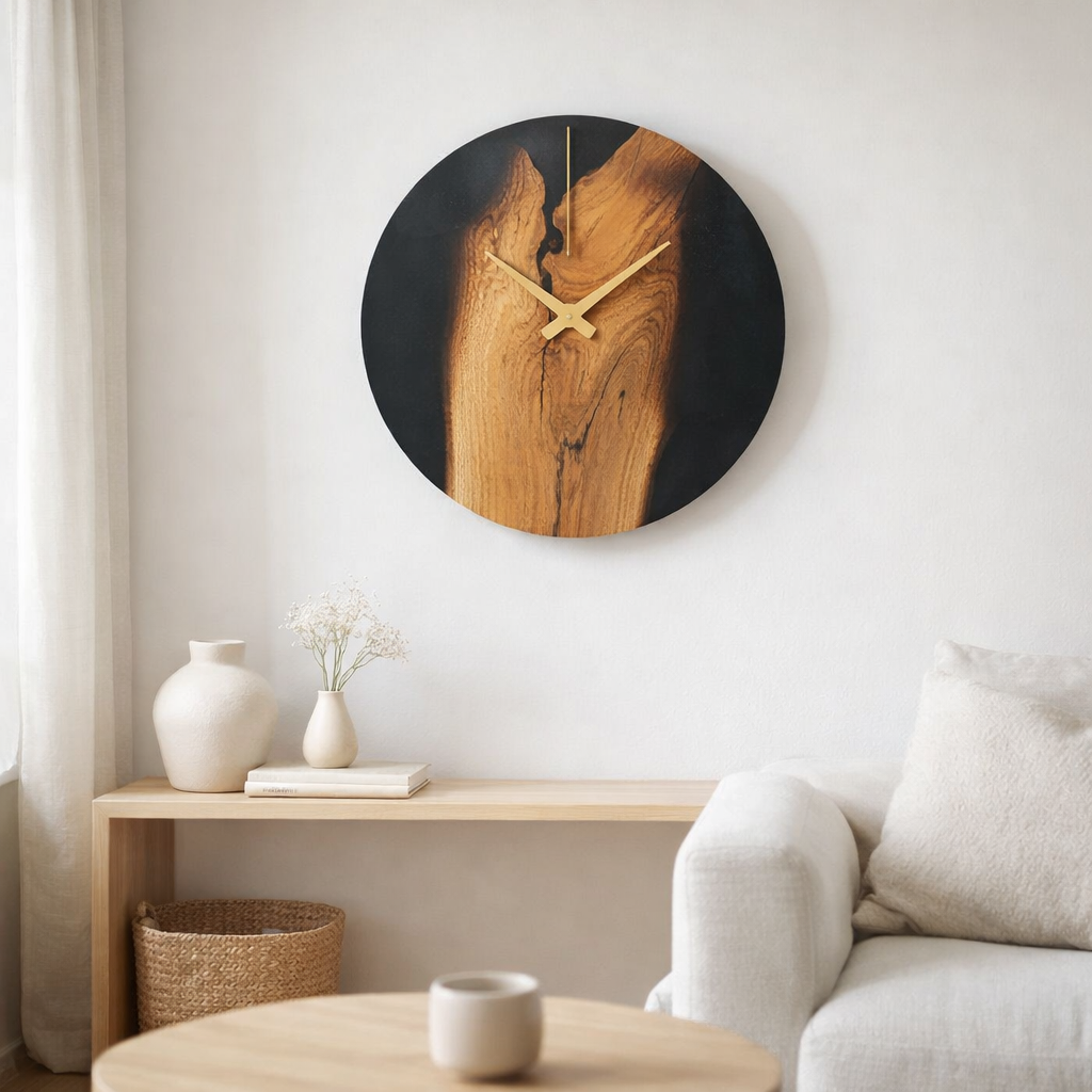 Horloge J-Line Modern - bois/résine époxy - naturel/noir en situation