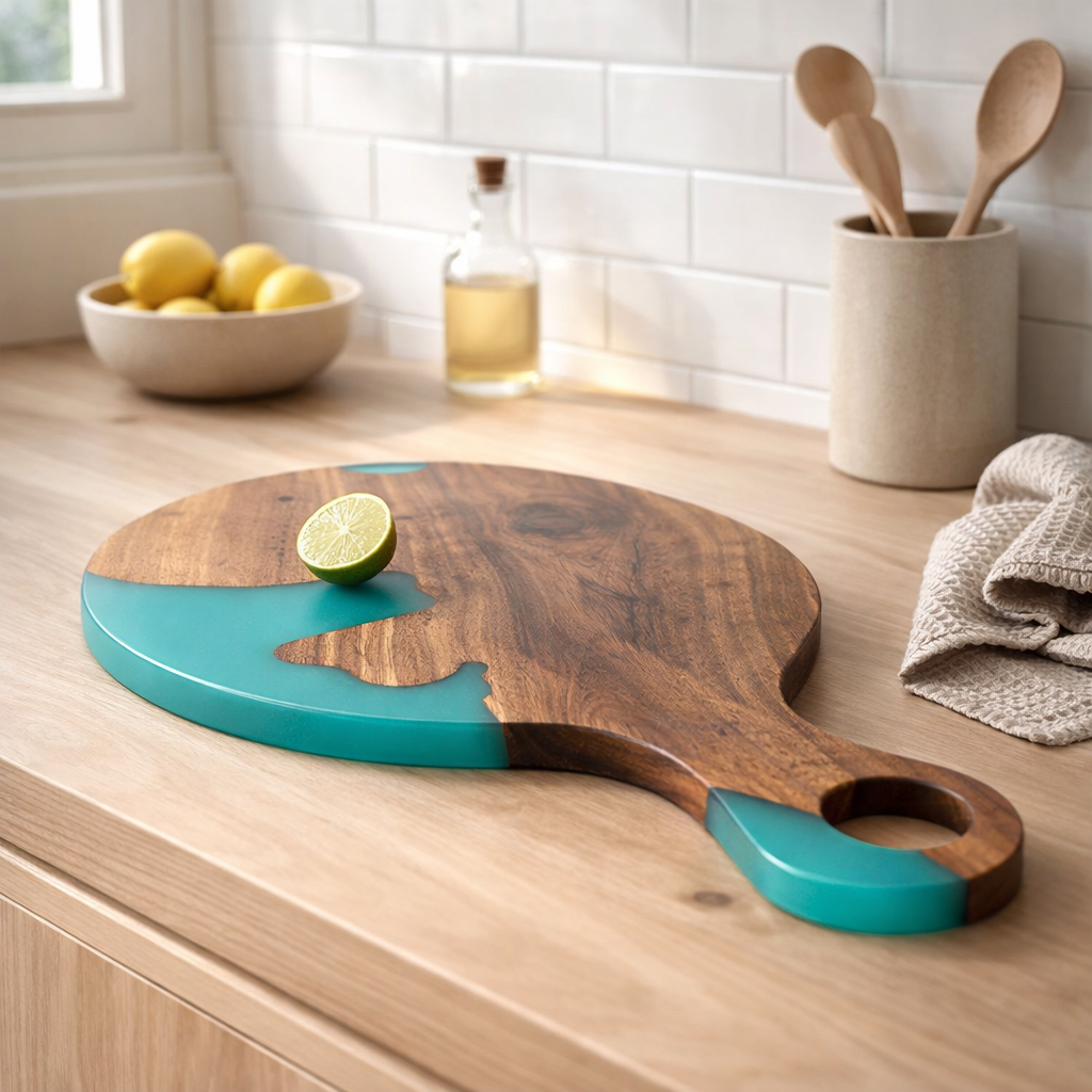 J -line Snijplank Modern - Wood / Epoxy Resin - Natural / Bleu en situation