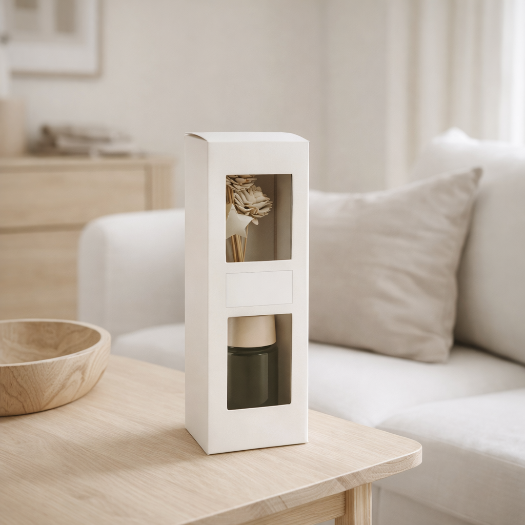 Huile parfumée J-Line + bâtonnets Den Eucalyptus Fleur sèche - roseau - blanc en situation