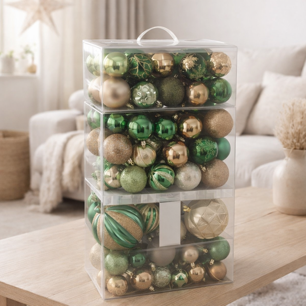 Boule de Noël J-Line - plastique - vert/écru - boîte de 80 en situation