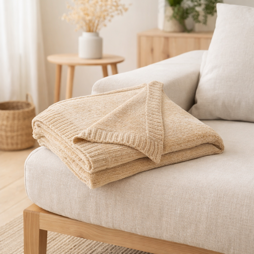 Couvertures J-Line Chenille - polyester - beige en situation