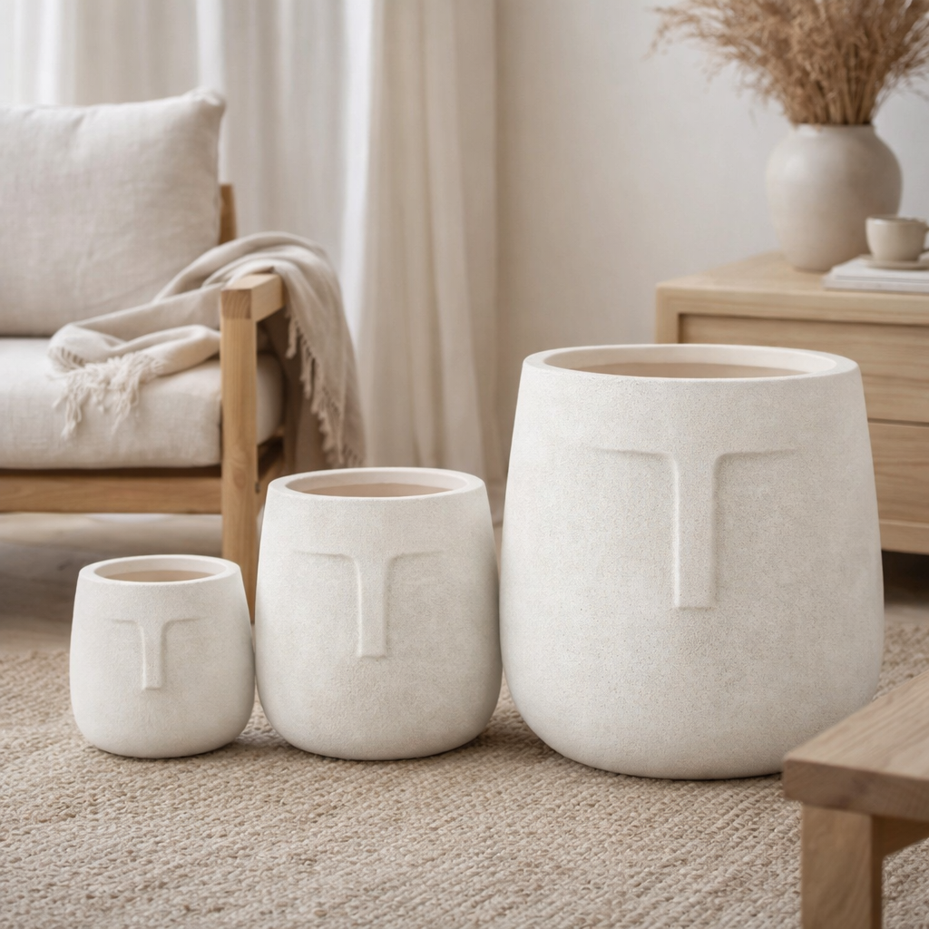 J -line Flowerpot Moai - Céramique - Blanc - 3 pièces - Ø 44 cm en situation