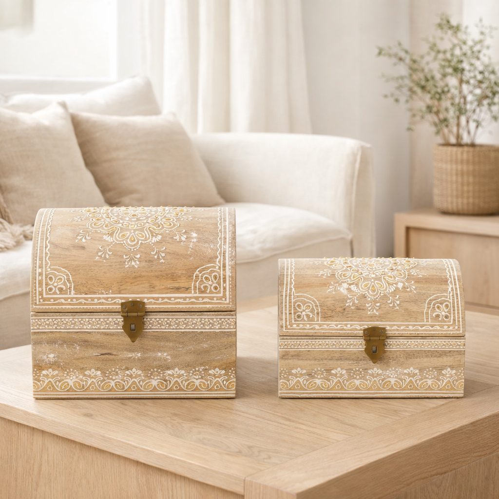 Ensemble en j-line de 2 boîtes rectangulaires de perles de mangue natural / blanc en situation