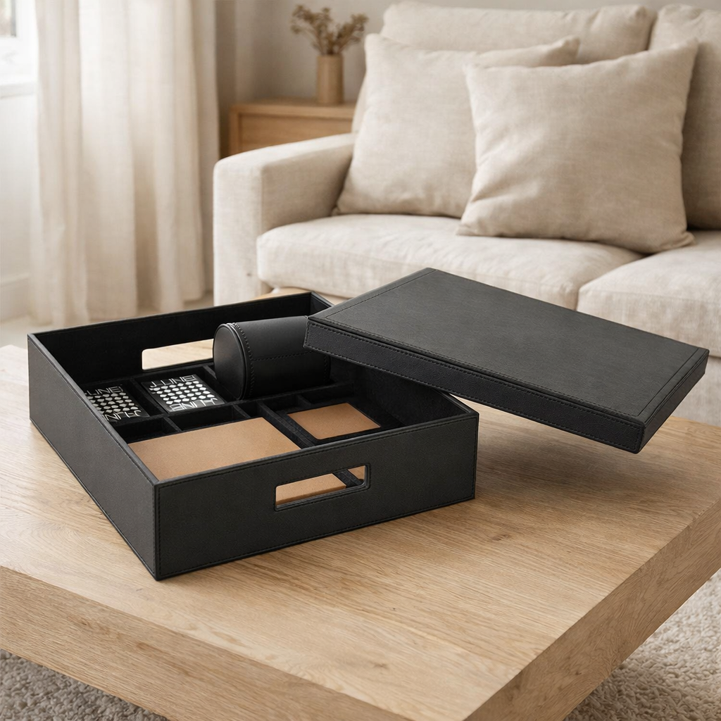 Coffret J-Line Jeu de cartes/jeu d'échecs - bois/cuir artificiel - noir en situation