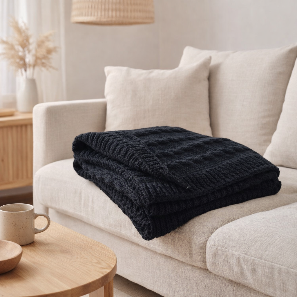 J-Line Plaid twist - polyester - noir - 130 x 180 cm en situation