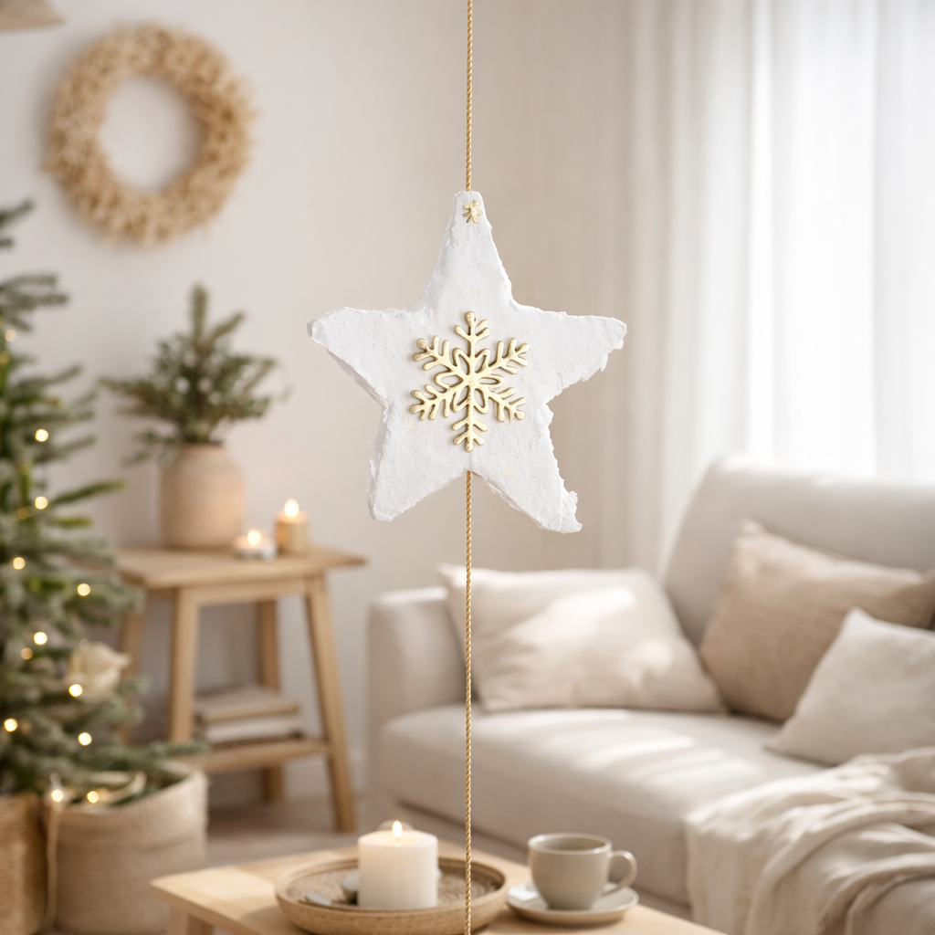 J-Line Pendentif de Noël Étoiles - coton mâché - blanc/or en situation