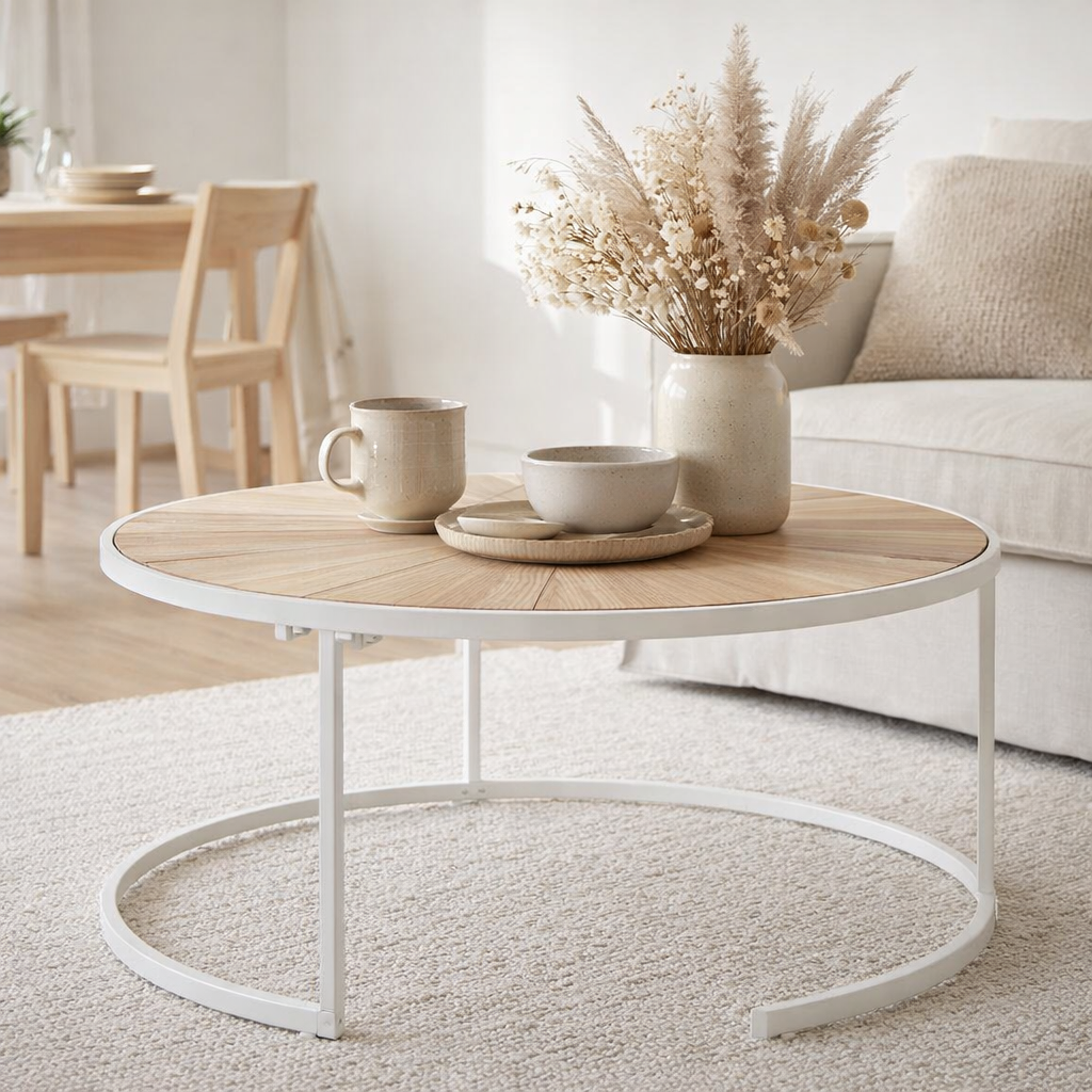 Table d'appoint J-Line Relax - métal/bois - blanc/naturel - lot de 2 en situation