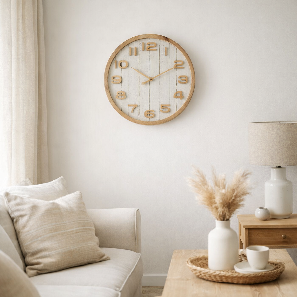 J-Line Horloge Murale Bois/MDF Blanc/Naturel Petite en situation