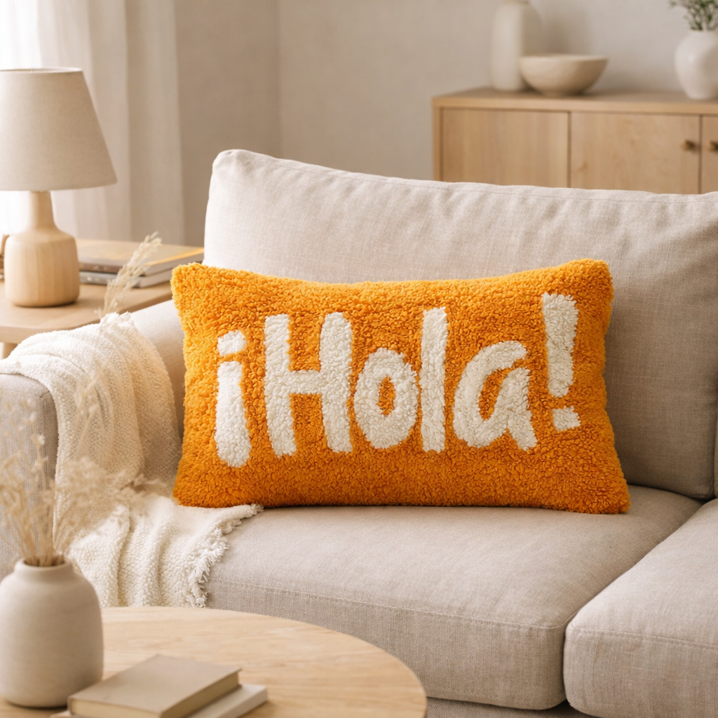 J-Line Coussin Hola Tufté Coton Orange/Blanc en situation