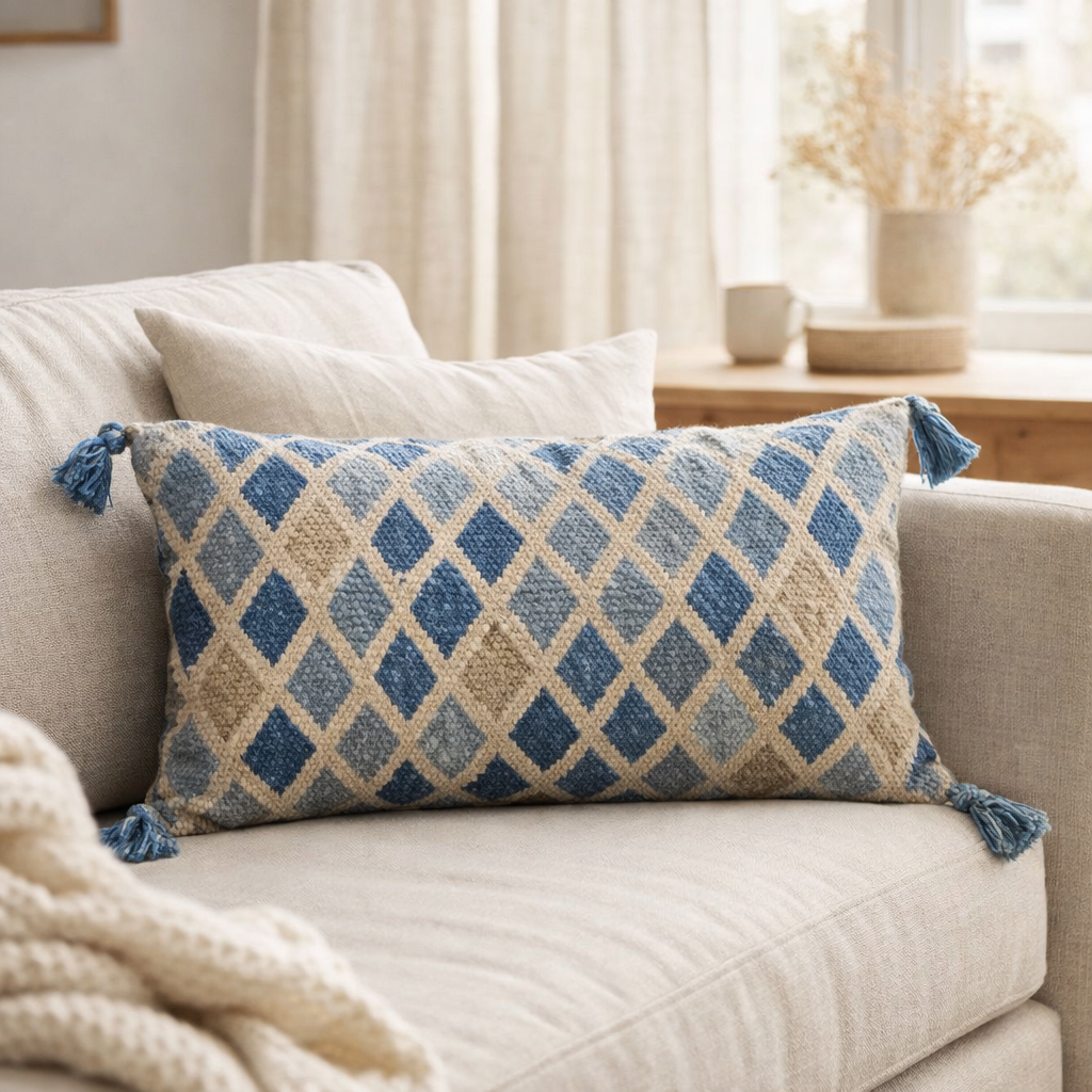 J-Line Coussin Rectangulaire Motif Losanges Jute/Coton Naturel/Bleu en situation