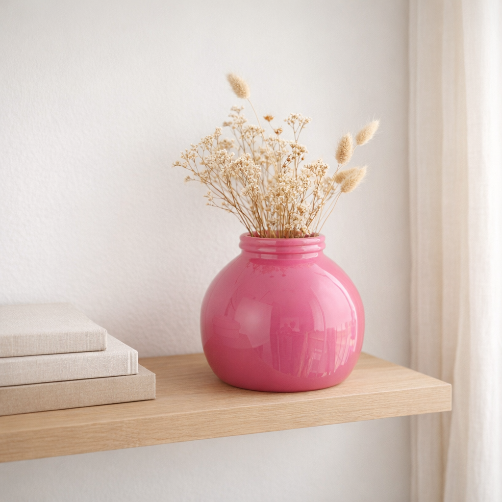 Vase en verre rose petit diamètre 21 cm en situation