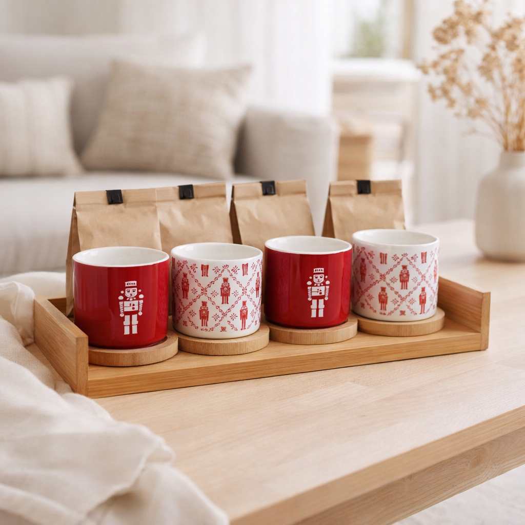 J-Line Coffret 4 Sachets de Café + Soucoupes Bambou Casse-Noisette Coffret Céramique Rouge en situation