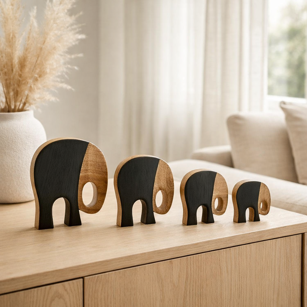 J-Line décoration Éléphants - bois - noir/marron foncé - lot de 4 en situation