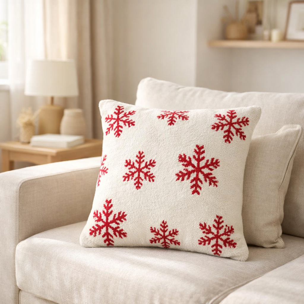 Coussin J-Line Flocons de neige - polyrésine - rouge/blanc en situation