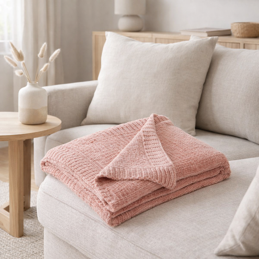Couverture J-Line Chenille - polyester - rose en situation