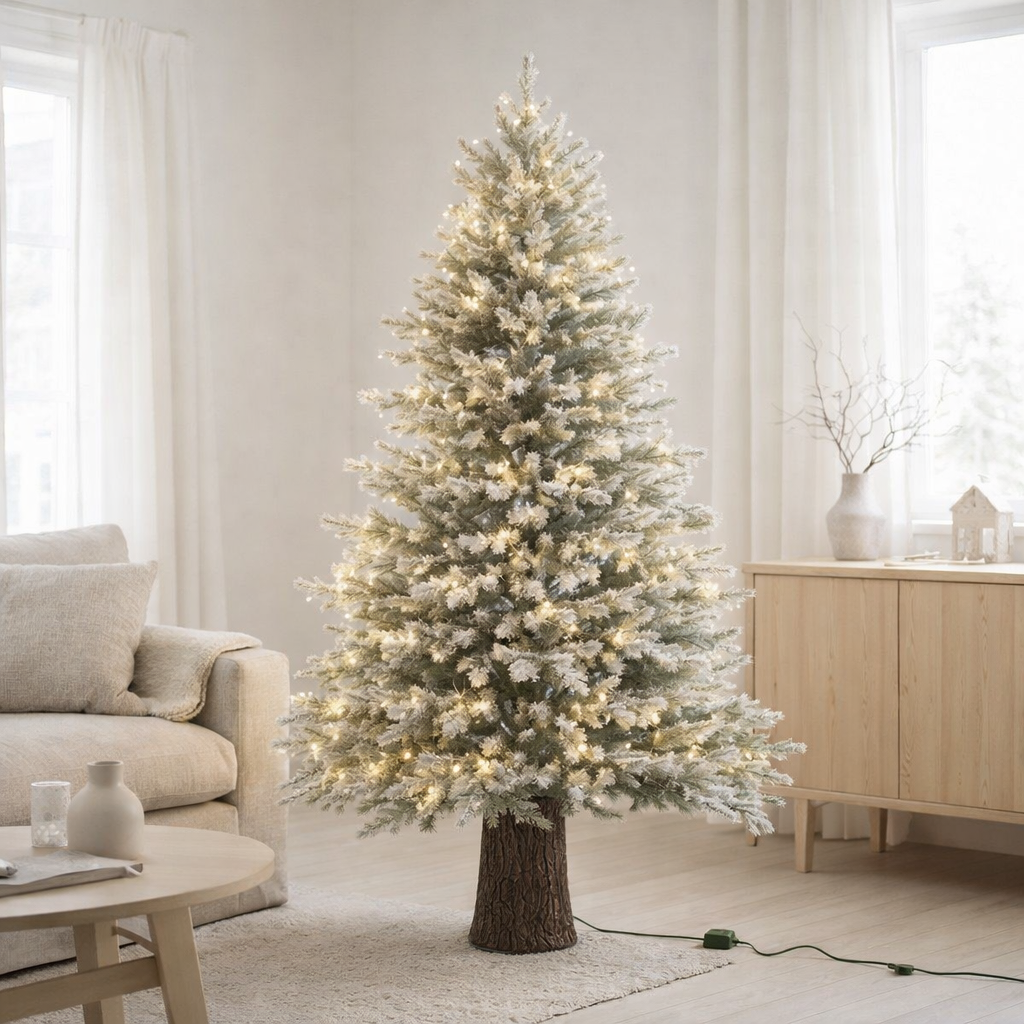 J-Line Sapin de Noël 600 Led Base en Bois Snowy - plastique - vert en situation