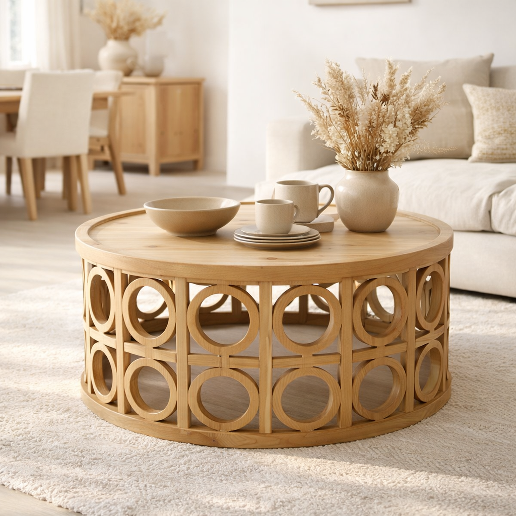 J-Line Table basse épicéa sculpté/MDF naturel en situation