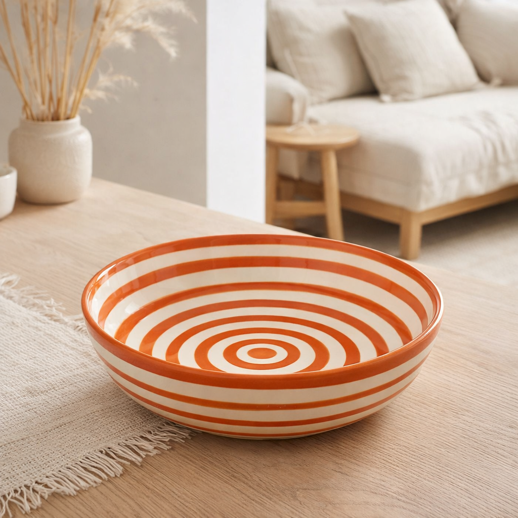 J -line Kom Grenade Stripes Low - Céramique - Blanc / Orange - L - Ø 25 cm en situation
