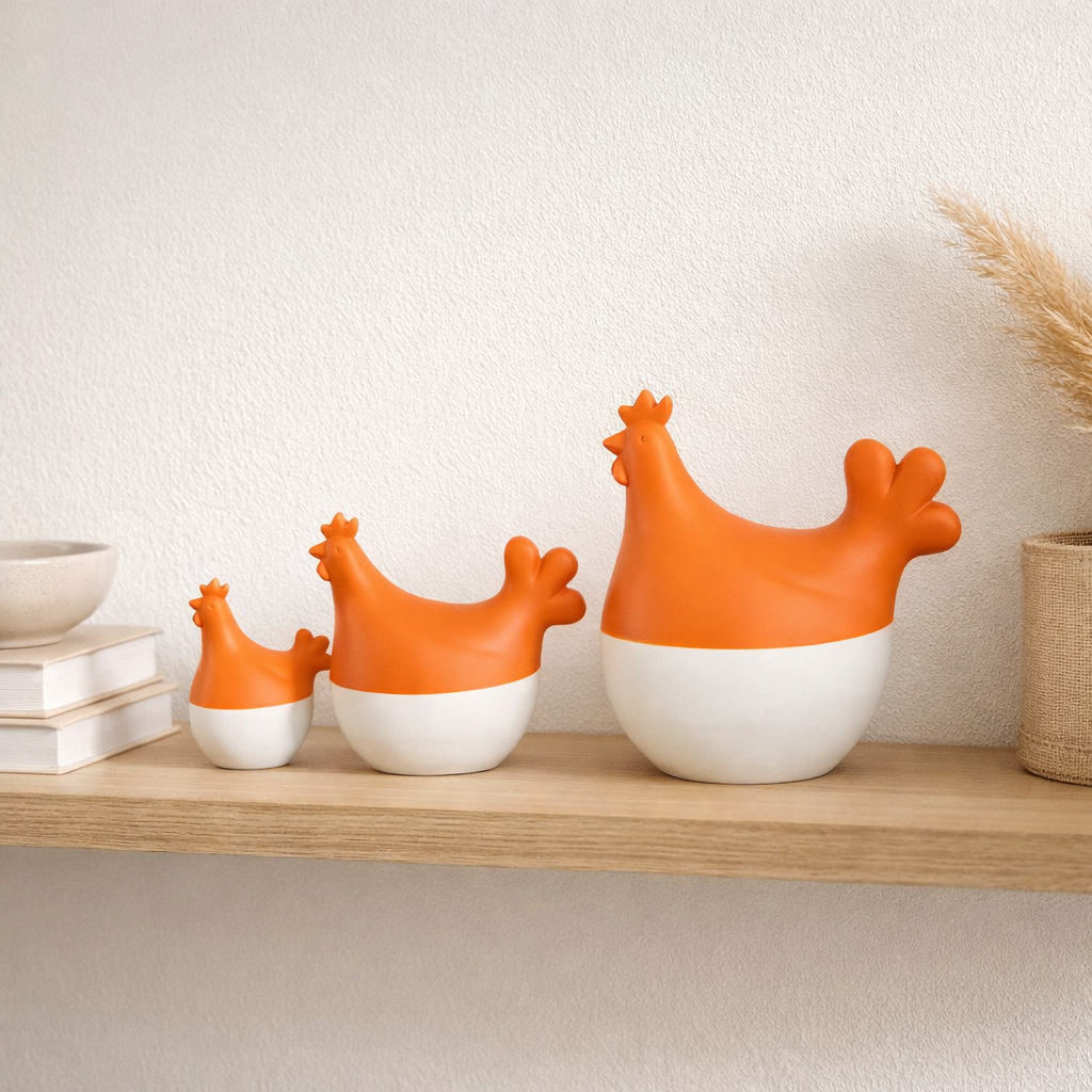 Figurine J-Line Coqs - polyrésine - blanc/orange - lot de 3 en situation