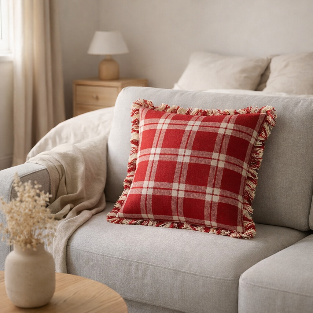Coussin J-Line à carreaux - coton - Noël rouge/blanc en situation