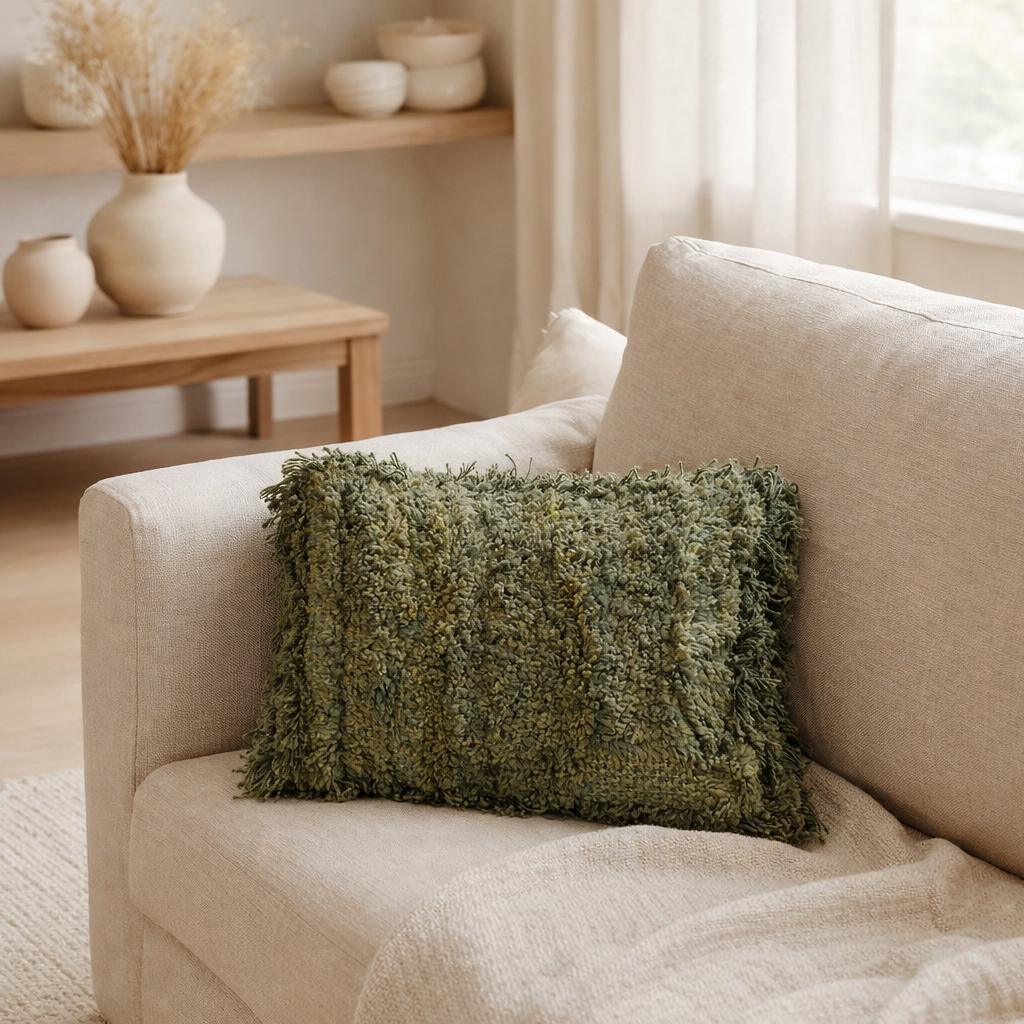 Coussin J-line Lignes arrondies de pacifine en laine en situation