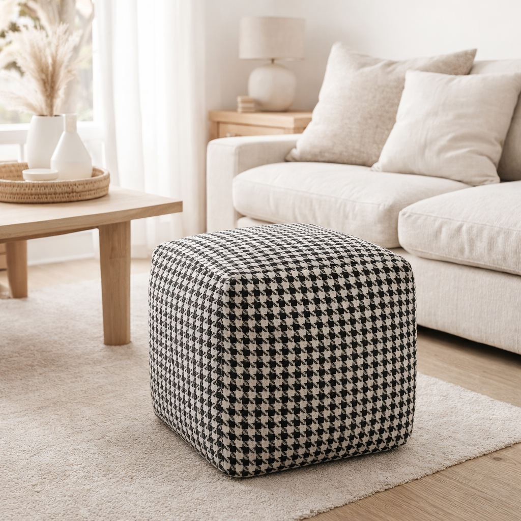 Pouf J-Line Pied-De-Poule - coton - blanc/noir en situation