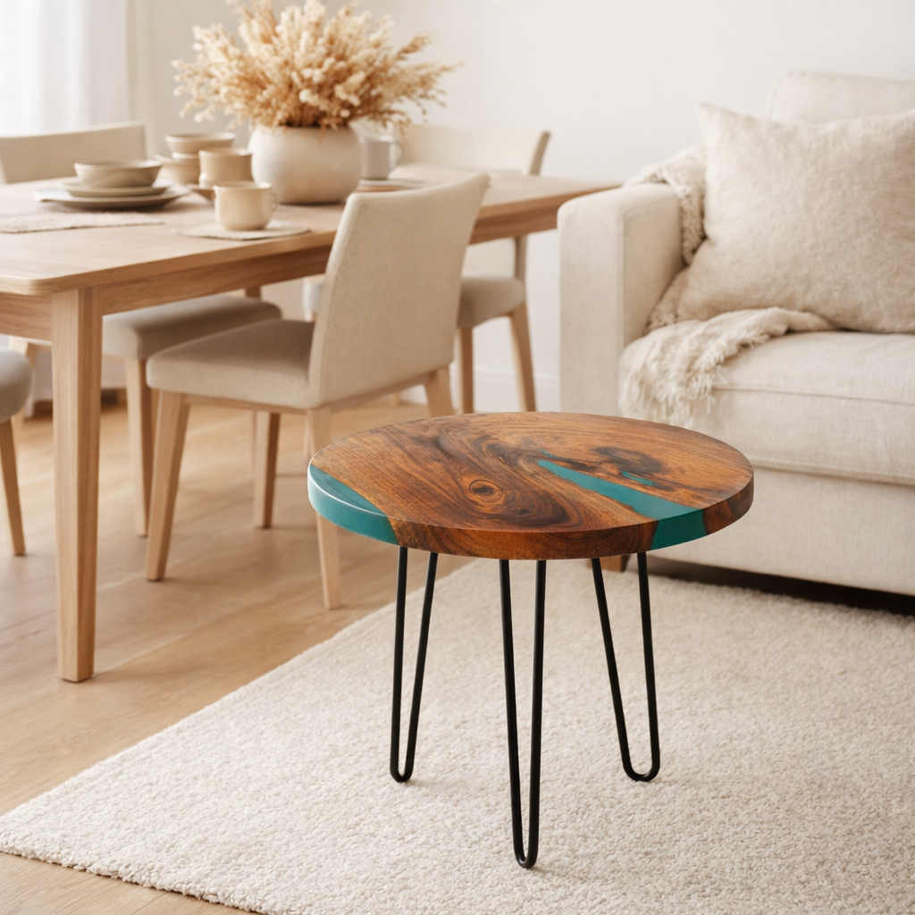 Table d'appoint J-Line Round - bois - naturel/bleu en situation