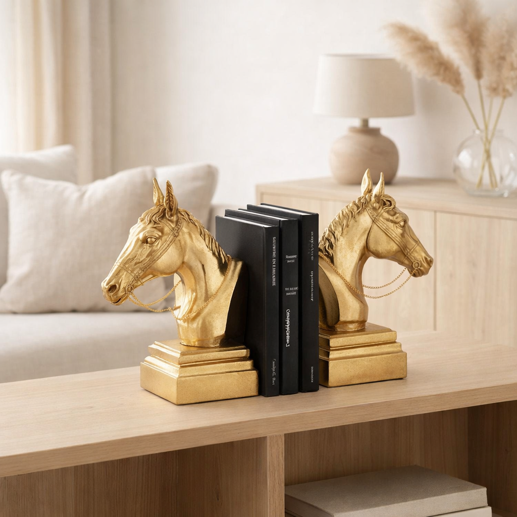 J-Line serre-livres On Foot Horse Head - polyésine - or - lot de 2 en situation