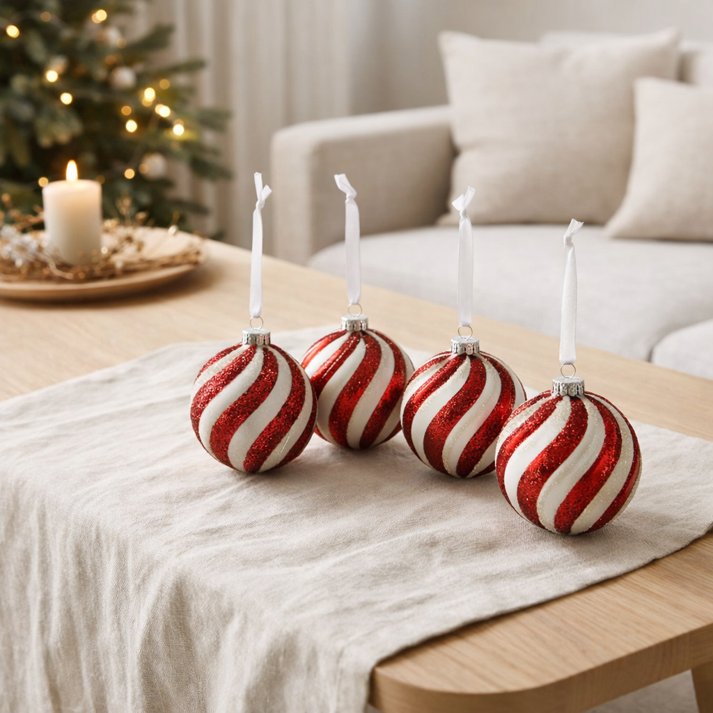 J-Line Boule de Noël Lines - verre - blanc/rouge - petit - boîte de 4 en situation