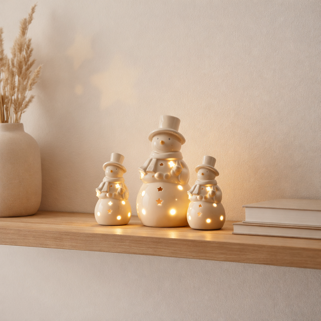 Figurine J-Line Bonhomme de neige - porcelaine - écru - L - lumières LED en situation