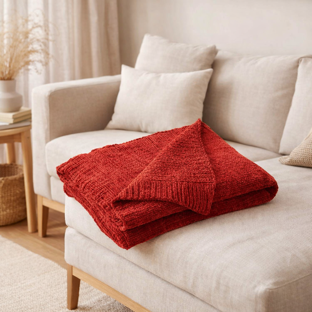 Couverture J-Line Chenille - polyester - rouge en situation