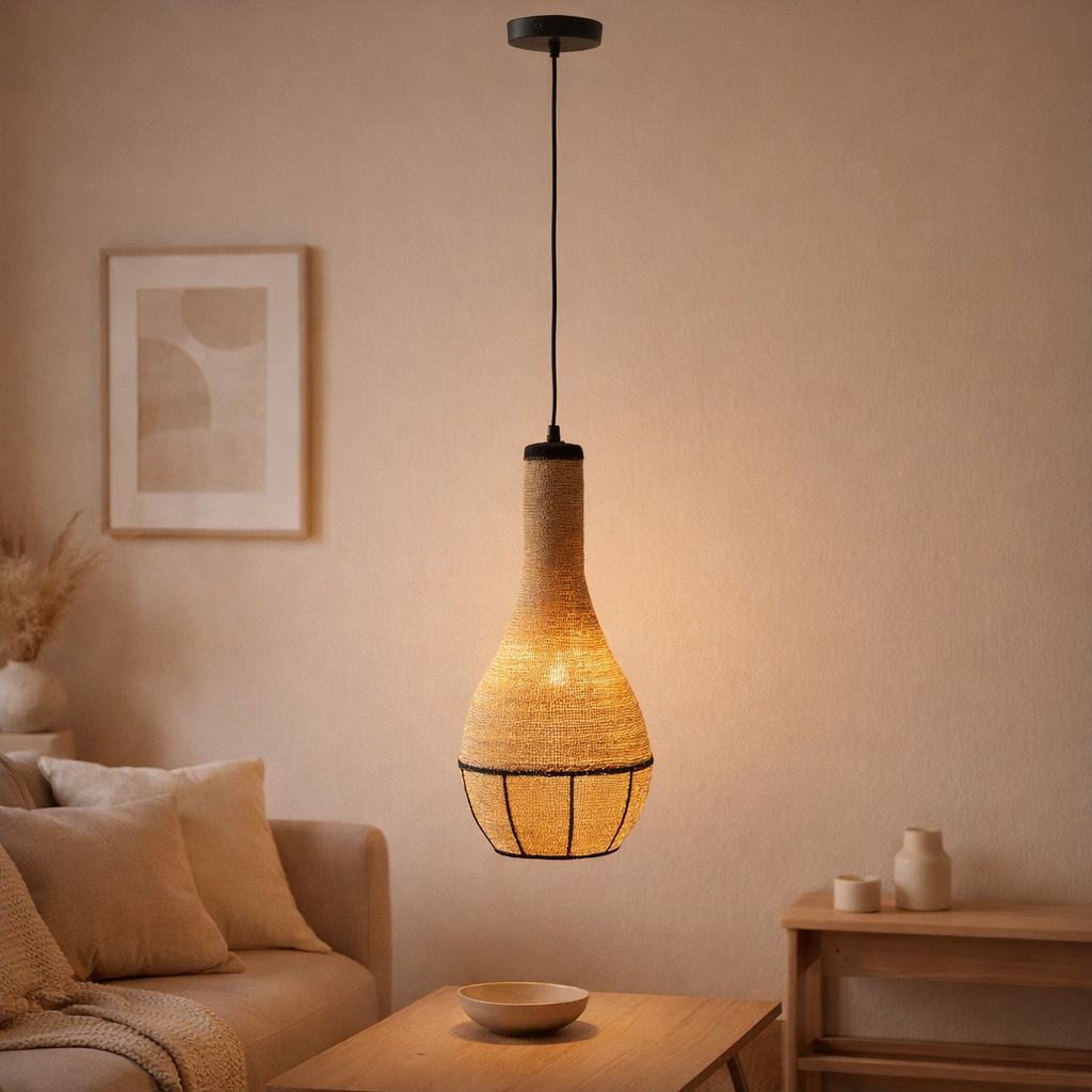 J-Line Lampe à Suspension Pear Lines Seagrass Naturel/Noir en situation