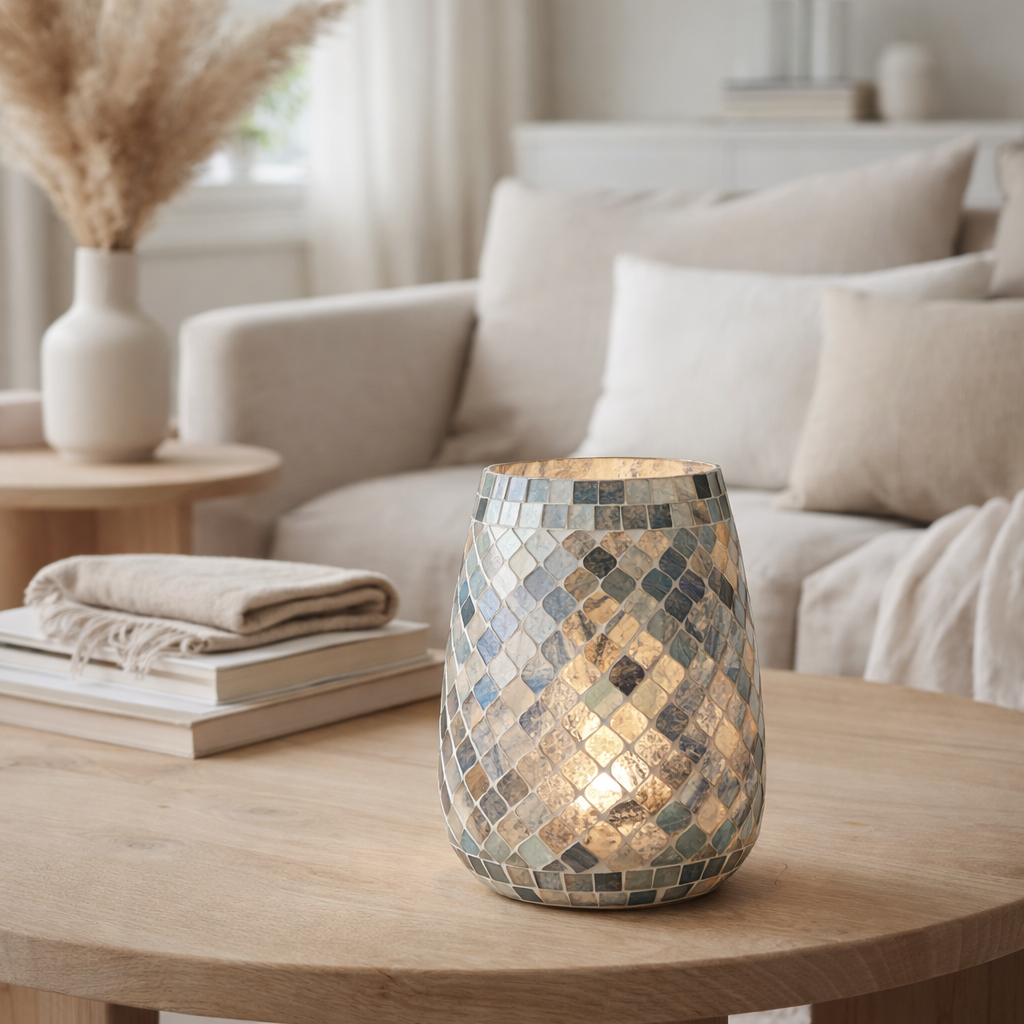 Bougeoir J-Line Mosaic - verre - gris bleu en situation