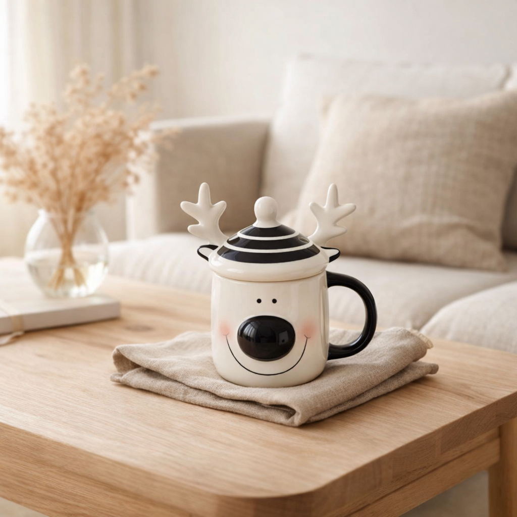 J-Line mug + couvercle Renne Dolomite - céramique - blanc/noir en situation
