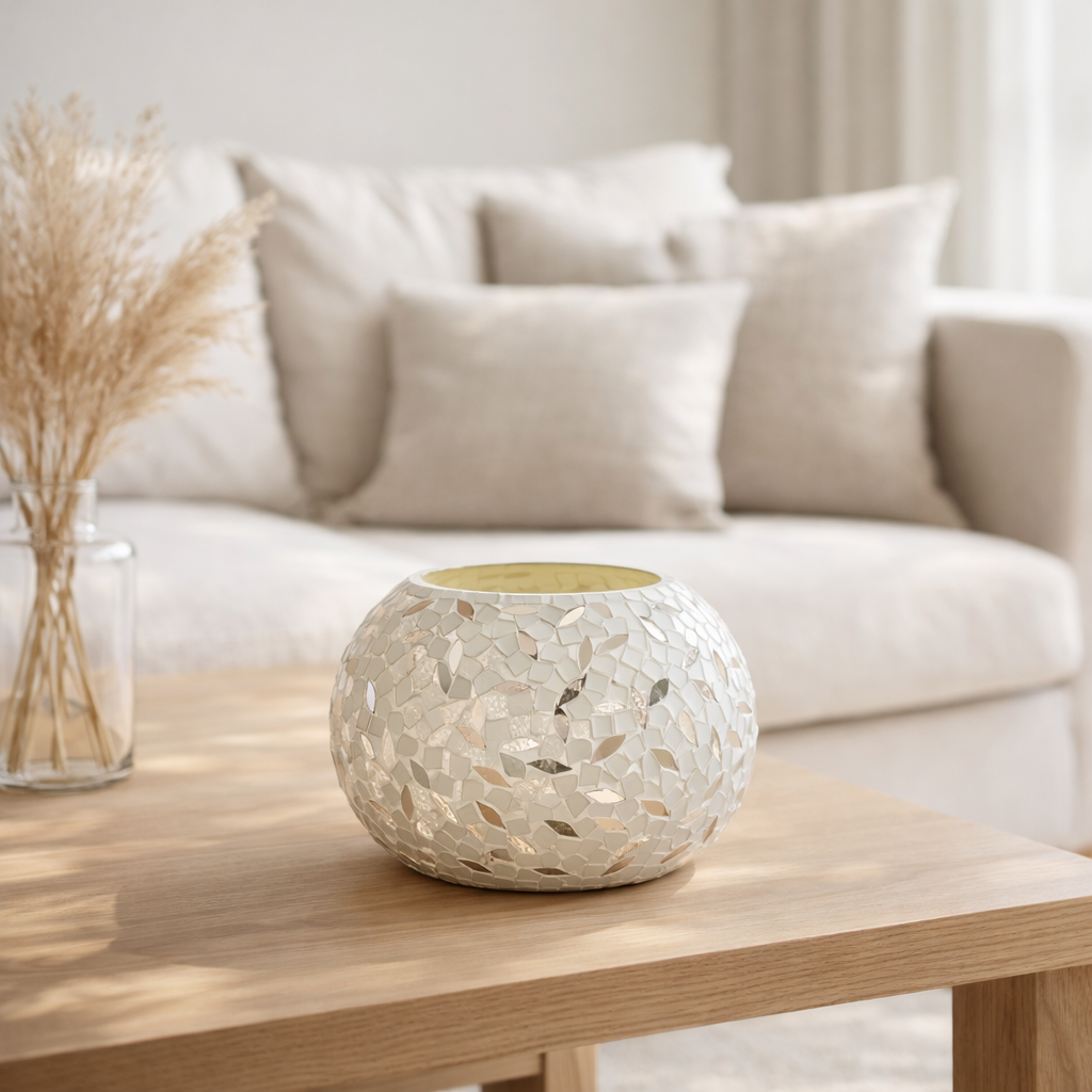 Bougeoir J-Line Ball Mosaic - verre - blanc/argent - grand en situation