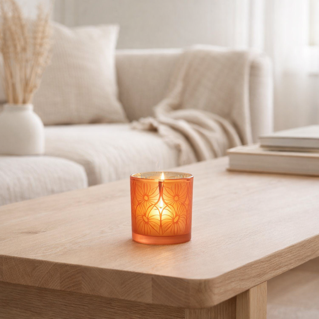 Bougeoir J-Line Diamond Flowers - verre - orange - petit en situation