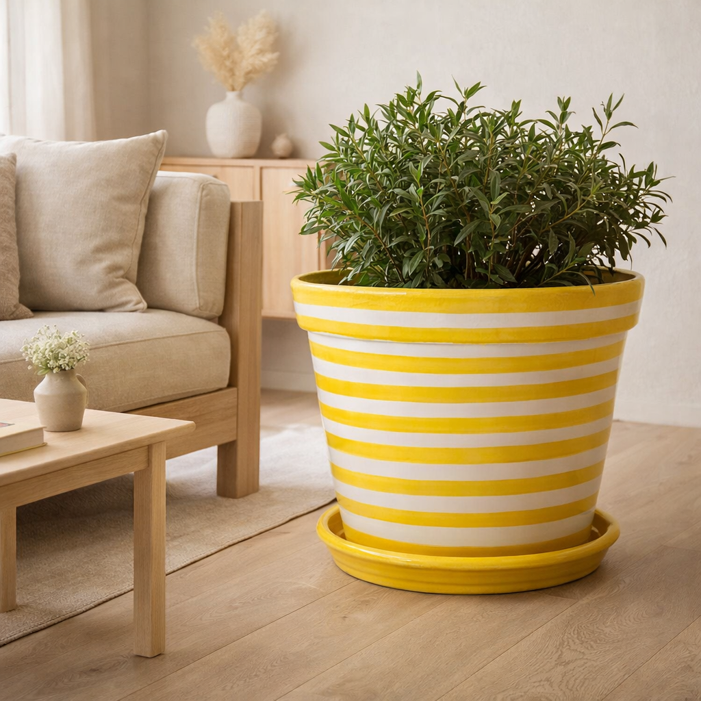 J-Lline Flowerpot Granada Stripes - Céramique - Jaune - XL - Ø 50 cm en situation