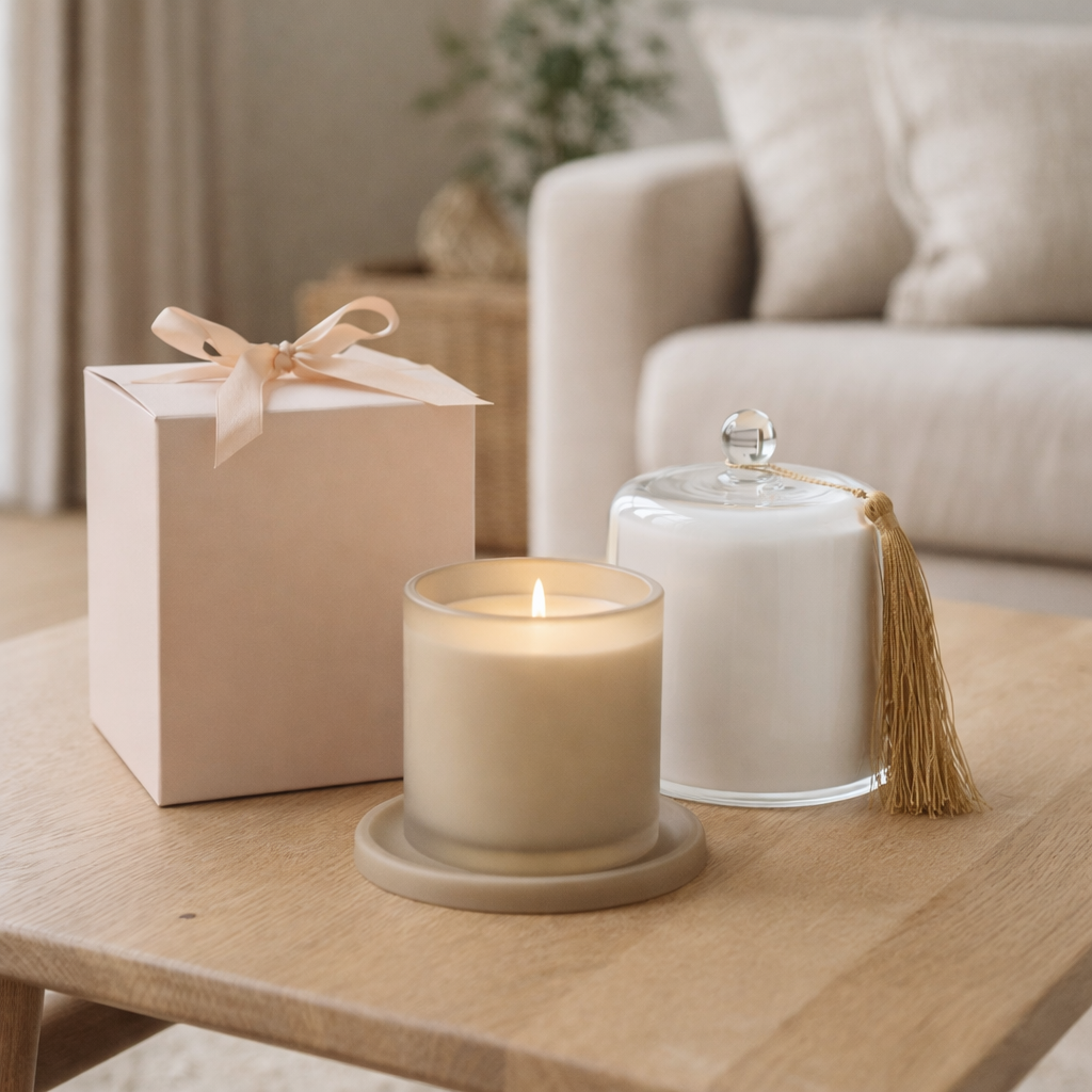 Bougie parfumée J-Line Stolp Merci - Fleur de Sureau - verre - beige - L - 45U en situation
