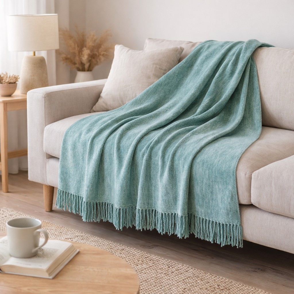 Couverture J-Line Chenille - polyester - turquoise en situation