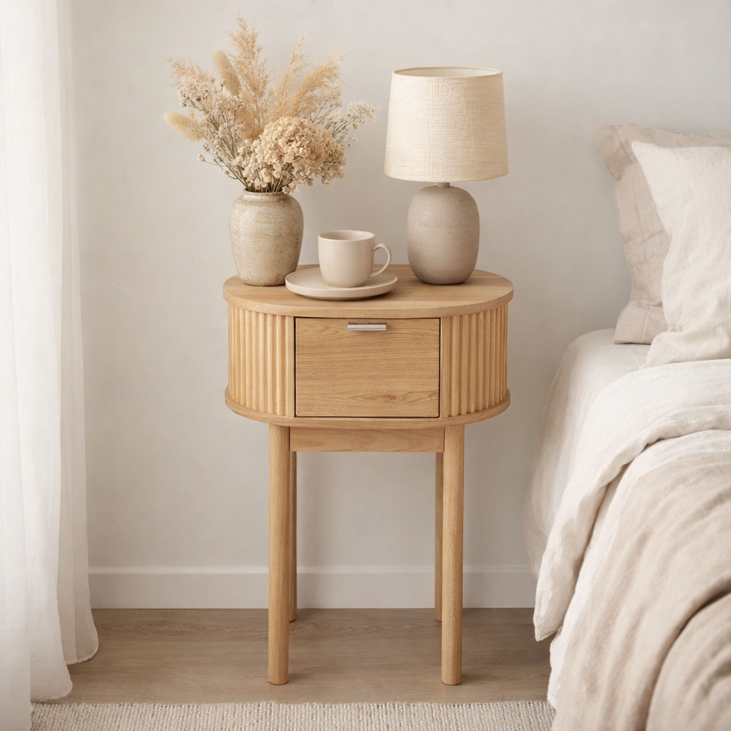 Table de chevet J-Line Ronde - bois de pin - naturel en situation
