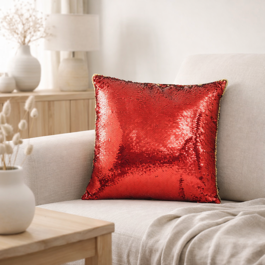 Coussin J-Line Réversible Paillette Rouge/Or en situation