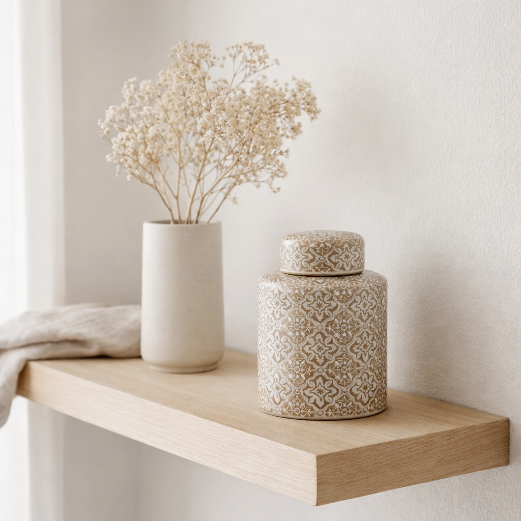 J-Line Can Décoratif Wabi Porcelaine Beige/Blanc Small en situation