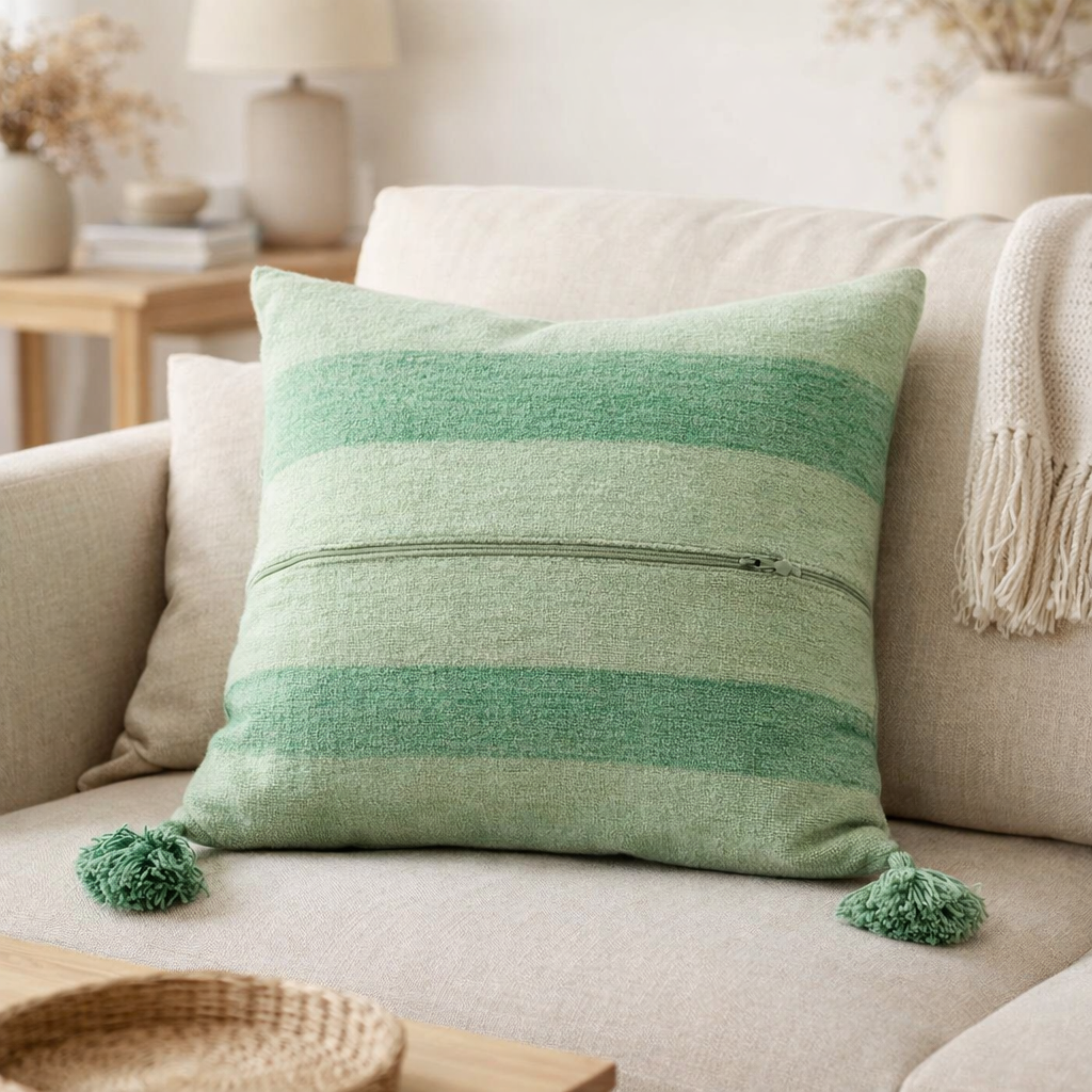 Rayures de coussin en j-line + pinceau en coton vert en situation