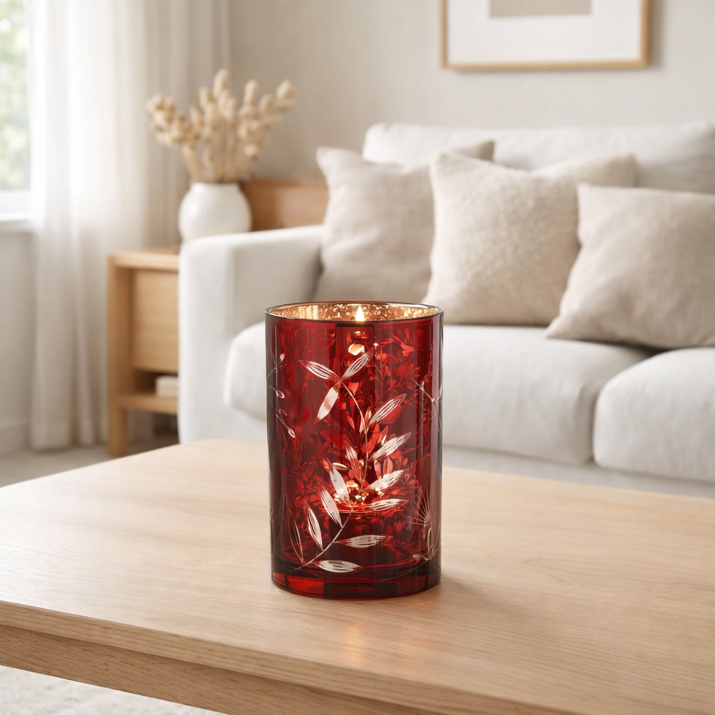 Lanterne J-Line Feuilles - verre - rouge/or - grand en situation