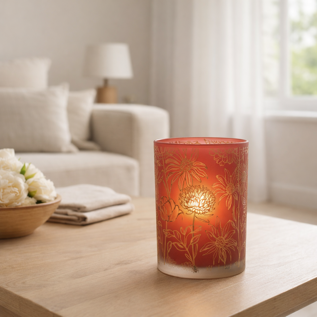 Fleurs de lanterne J-Line - verre - rouge/or mat - grand en situation